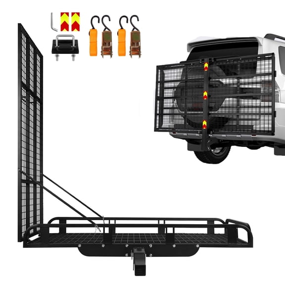 800 Lbs Folding Hitch Mount Cargo Carrier Basket, Heavy Duty Alloy Steel Ramp Cargo Carrier, Tow Hitch Cargo Carrier with Ramp, 2" Receiver with High Side Rails for SUV Trucks RV
