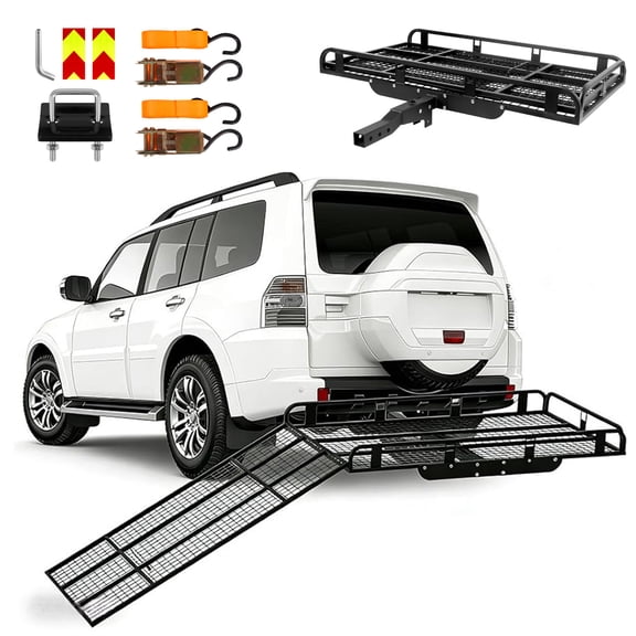 800 Lbs Ramp Cargo Carrier, Hitch Cargo Carrier with Ramp, Cargo Carrier Hitch Mount, Luggage Carrier Rack for Outdoor Camping Trips