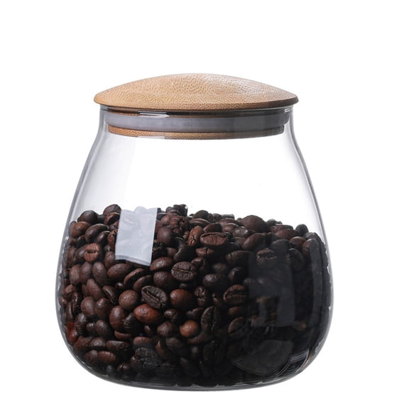 800 ML Clear Cute Glass Storage Canister Holder with Airtight Bamboo Lid, Round Modern Decorative Container Jar for Coffee, Spice, Candy, Salt, Cookie, Condiment, Pepper, Sugar