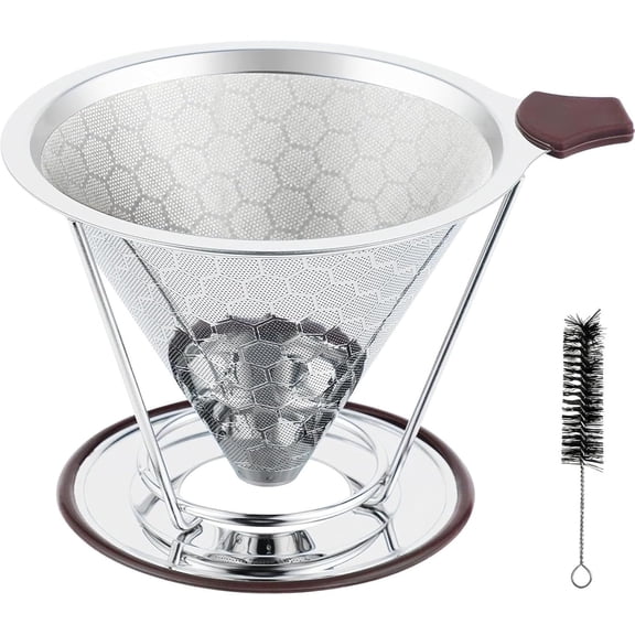 800 Mesh Reusable Pour Over Coffee Dripper, Metal Stainless Steel Honeycomb Filter, Paperless Cone Filter for Hario V60, Chemex and Mugs with Separate Stand, Single Cup Coffee Maker, 1-4 Cup