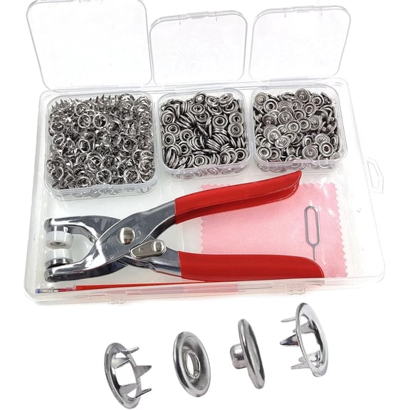 800+ PCS Snap Fasteners Kit , Metal Snap Button Kit with Fastener Pliers No Sewing, 9.5mm Snap on Button Kit Rust Proof DIY Press Studs Button Fix Tools for Fabric Clothing, chrome, SNAP-9.5MM