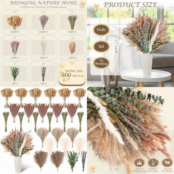 800 Pcs Boho Dried Pampas Grass Decor Exquisite Lavender and Eucalyptus Dried Rustic Flowers Arrangements Bouquets for Your Bohemian Home Bedroom and Wedding Table Decoration