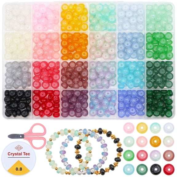 800 Pcs Glass Beads Set – 6x12mm Round in 24 Colors, Includes Elastic String, Smooth Frosted DIY Bracelet & Necklace Kit, Craft Gifts for Teens & Adults(RL B 1 Set)