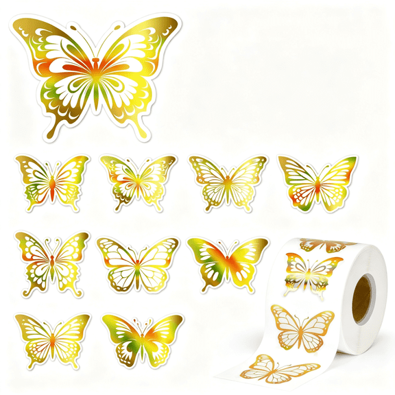 1000 Pcs Gold Foil Butterfly Stickers Roll 8 Laser Styles Clear PVC Self Adhesive Decorative Labels 1.57 x 1.18 Inch