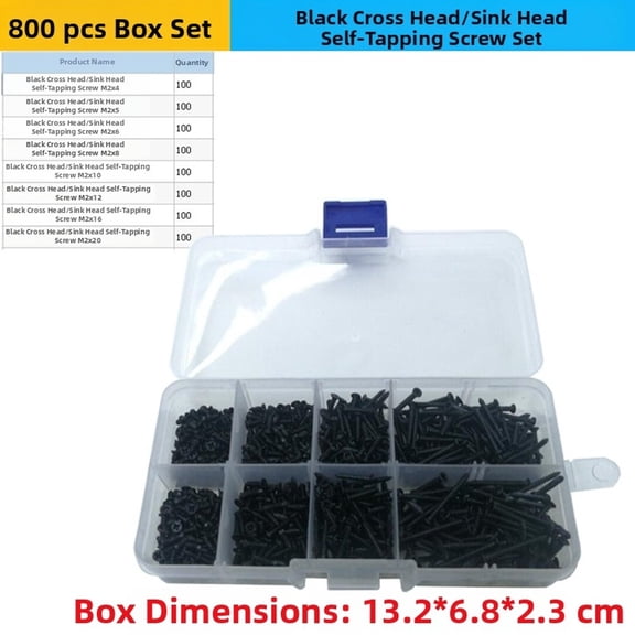 800 Pcs M2 Black Cross Countersunk Flat Head Self Tapping Screws, Carbon Steel For Computer Repair Electronics Assembly Toys