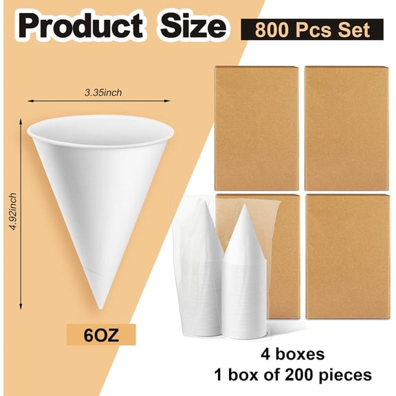 800 Pcs Paper Cone Cups Thicken Disposable Cone Cups for Shaved Ice, Slushies Water Cooler Dispenser, White (6 oz)