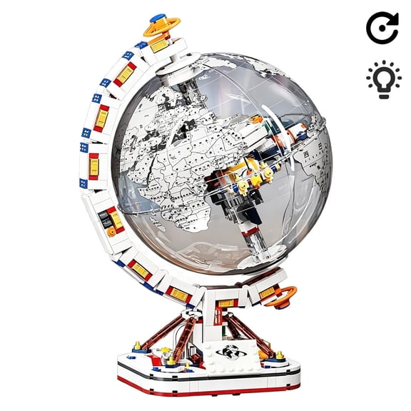800-Piece Building Block Globe with Rotating Space Station, Dual-Mode LED Night Light, Bilingual World Map, STEM Learning Toy & Modern Desk Decor