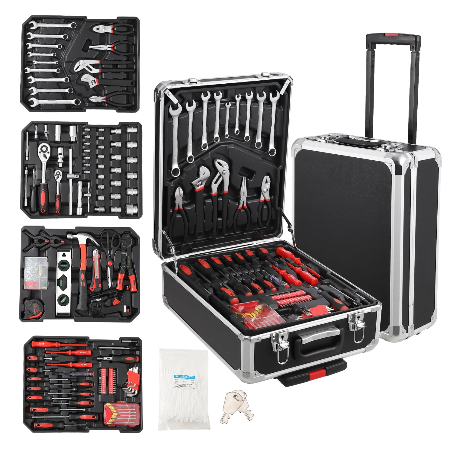 800-Piece Ultimate Mechanic Tool Kit with Aluminum Trolley Case Full Set of Sockets, Wrenches & Hand Tools 4-Tier Organized Storage Professional Repair Tool Box for Auto Maintenance, Garage & Garden