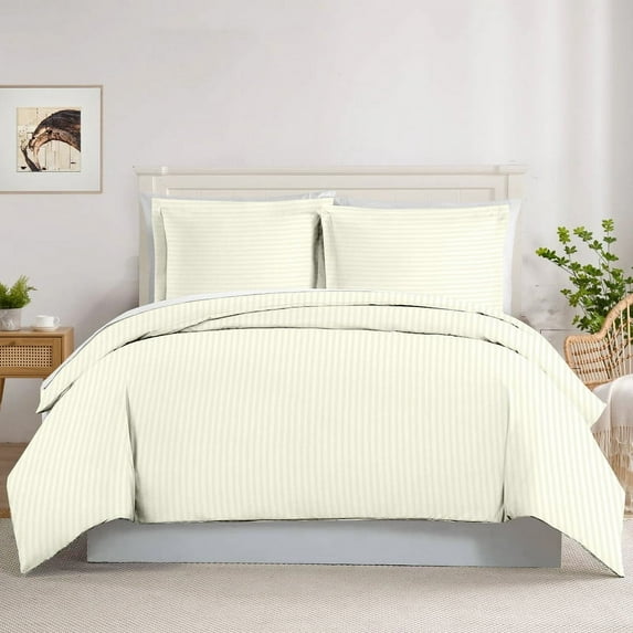 800 TC 100% Egyptian Cotton Premium Duvet set Zipper Closur Ultra Soft Durable and Fade Resistant Color Ivory Stripe size Twin/Twin Xl