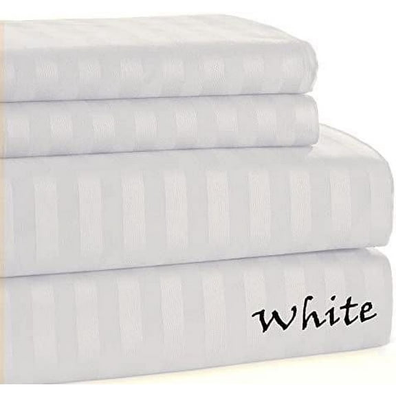800 TC Striped Patterned - Full Size - Striped Colors { White } 100 % Cotton Smooth Touch Sheet Set { 4PCS } Deep Pocket 24" Inches By KM LINEN