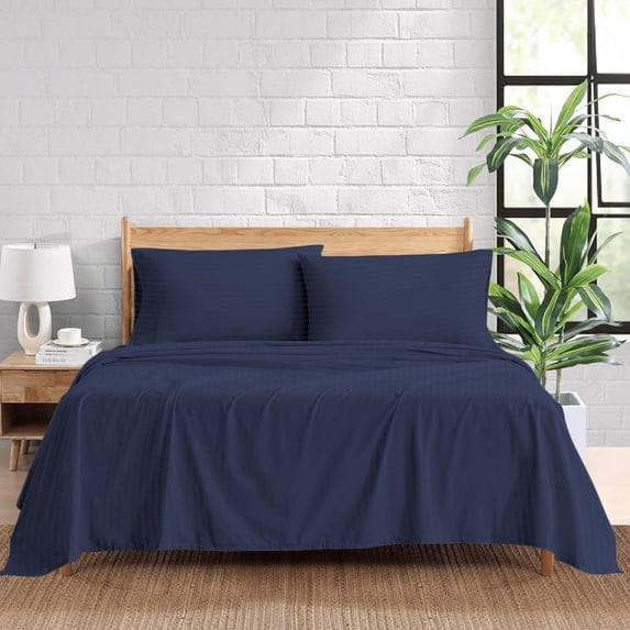 800 Thread Count 100% Egyptian Cotton 4-Piece Bed Sheet Set (1 Flat, 1 Fitted Sheet, 2 Pillow Covers) 24 Inches Deep Pocket Size Full XL Color Navy Blue Stripe
