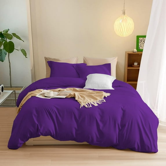 800 Thread Count 100% Egyptian Cotton Lightweight 3-PCs Duvet Set ( 1 Duvet Cover Zipper Closure With Corner Ties & 2 Pillow Shams ) Solid Style ( Twin/Twin XL, Purple )