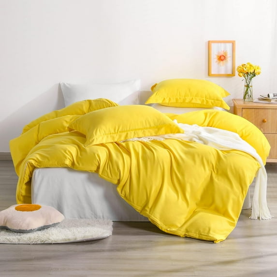 800 Thread Count 100% Egyptian Cotton Lightweight 5-PCs Duvet Set ( 1 Duvet Cover Zipper Closure With Corner Ties & 4 Pillow Shams ) Solid Style ( Twin/Twin XL, Yellow )
