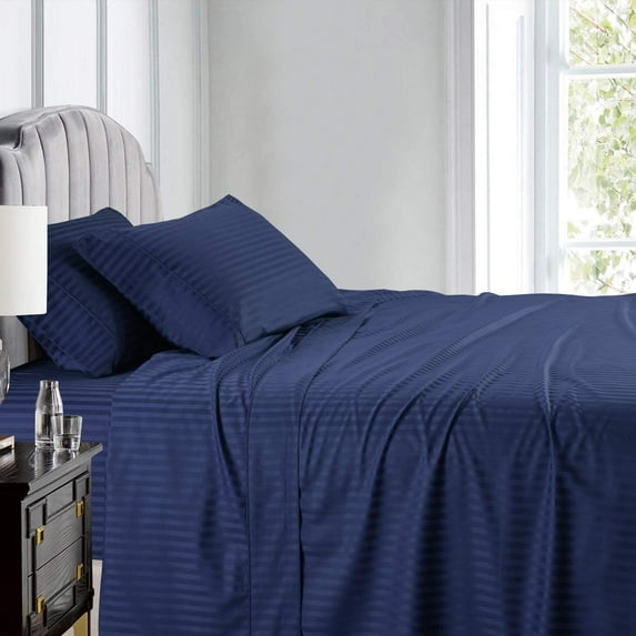 800 Thread Count 100% Egyptian Cotton Sateen Weave - 4 Piece Bed Sheets, Navy Blue Stripe - Queen Size, Luxury Premium Hotel Quality Sheet Set, Fits mattresses Upto 18” deep Pocket
