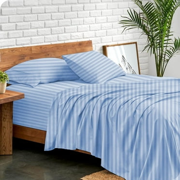 800 Thread Count 100% Egyptian Extra Long Staple Cotton Sheet Set, 4 Pc Set, Sateen Weave, Hotel Collection Soft Luxury Bedding, Fits Upto 15" Inch Deep Pocket (Light Blue Stripe, Twin Size)