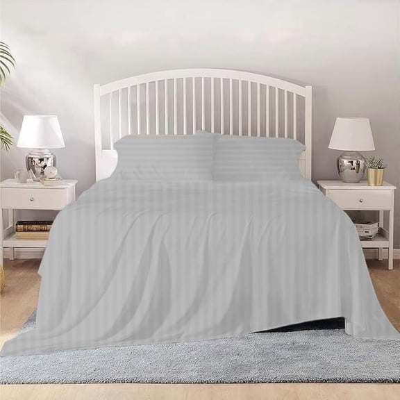 800 Thread Count 100% Egyptian Cotton Sheet Set, 4 Pc Set, Sateen Weave,Soft Luxury Bedding, Fits Upto 15" Inch Deep Pocket (Silver Stripe, King Size)