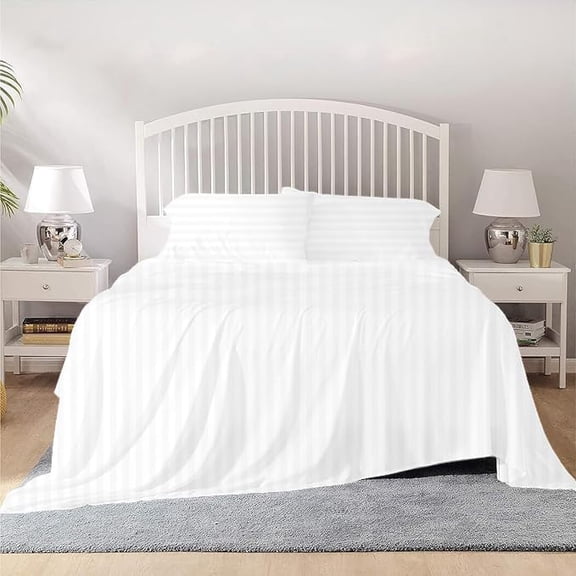 800 Thread Count 100% Egyptian Cotton Sheet Set, 4 Pc Set, Sateen Weave,Soft Luxury Bedding, Fits Upto 15" Inch Deep Pocket (White Stripe, Twin-XL Size)