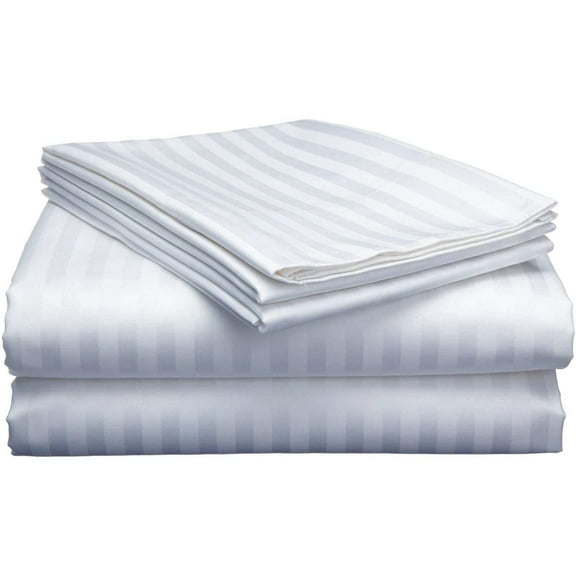 800 Thread Count 100% Egyptian Cotton Sheet Set, 4 Pc Set, Sateen Weave,Soft Luxury Bedding, Fits Upto 15" Inch Deep Pocket (White Stripe, Queen Size)