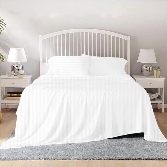 800 Thread Count 100% Egyptian Cotton Sheet Set, 4 Pc Set, Sateen Weave,Soft Luxury Bedding, Fits Upto 15" Inch Deep Pocket (White Stripe, Twin-XL Size)