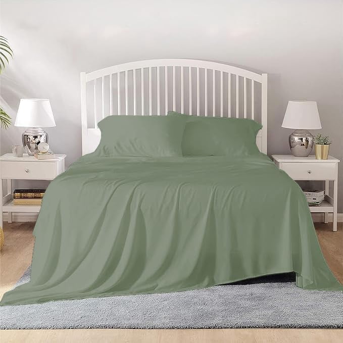 800 Thread Count 100% Egyptian Cotton Sheet Set, 4 Pc Set, Sateen Weave,Soft Luxury Bedding, Fits Upto 15" Inch Deep Pocket (Sage Solid, Queen Size)