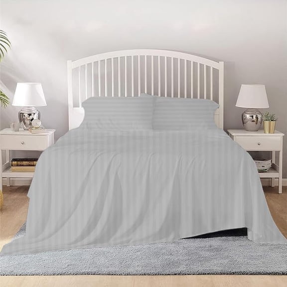 800 Thread Count 100% Egyptian Cotton Sheet Set, 4 Pc Set, Sateen Weave,Soft Luxury Bedding, Fits Upto 15" Inch Deep Pocket (Silver Stripe, Twin-XL Size)