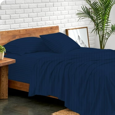 800 Thread Count 100% Egyptian Extra Long Staple Cotton Sheet Set, 4 Pc Set, Sateen Weave, Hotel Collection Soft Luxury Bedding, Fits Upto 15" Inch Deep Pocket (Navy Blue Stripe, Twin-XL Size)