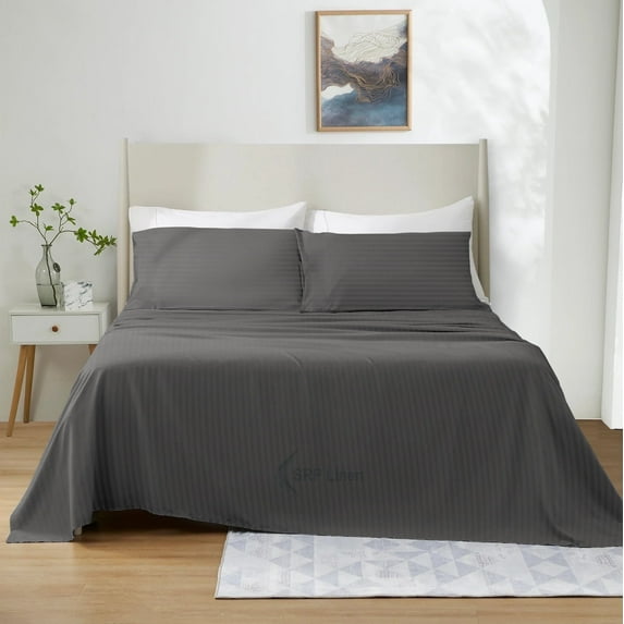 800 Thread Count 4 Piece Quality Sheet Set 18 Inch DeepPocket 100% Egyptian Cotton Color Dark Grey Stripe Size Queen
