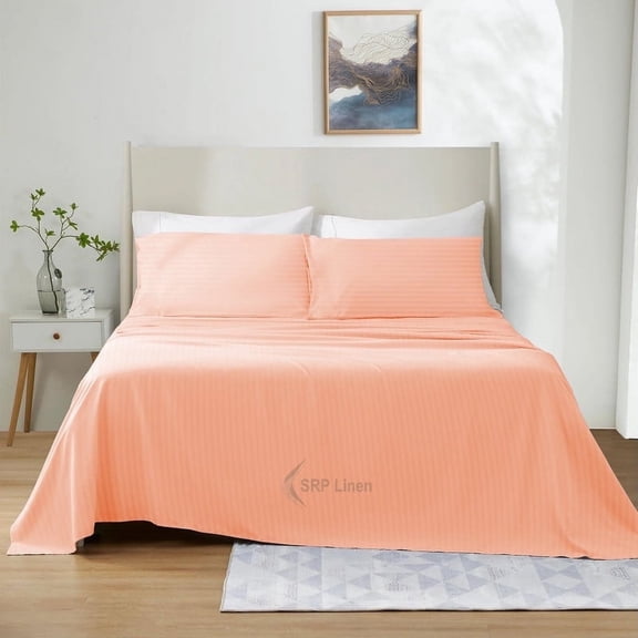 800 Thread Count 4 Piece Quality Sheet Set 18 Inch DeepPocket 100% Egyptian Cotton Color Peach Stripe Size King