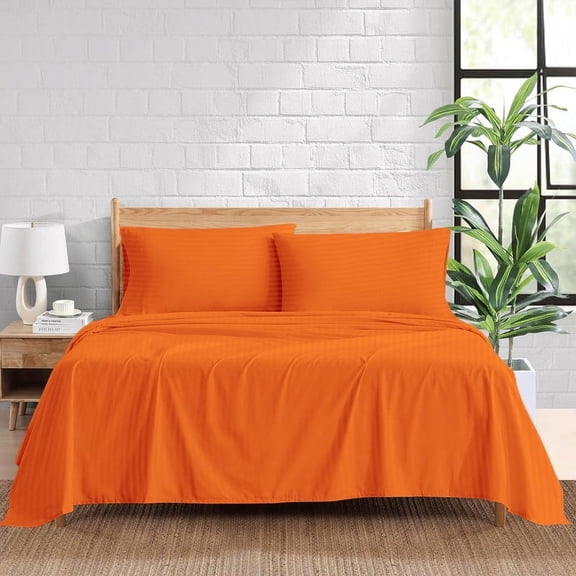 800 Thread Count 4 Piece Quality Sheet Set 30 Inch Deep Pocket 100% Egyptian Cotton Color Orange Stripe Size Twin