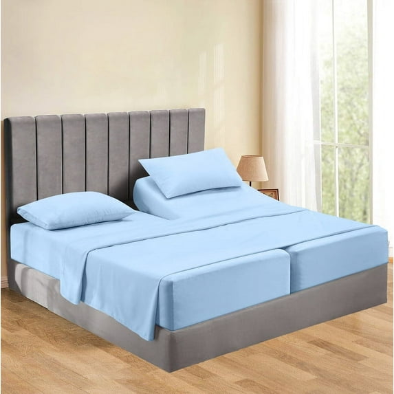 800 Thread Count 5 Piece Split California King Sheets Sets Set ( 2- Twin XL Fitted Sheets 1-Flat sheet and 2-Pillow covers ) with 27" deep pocket for Adjustable Bed Color Light Blue Solid