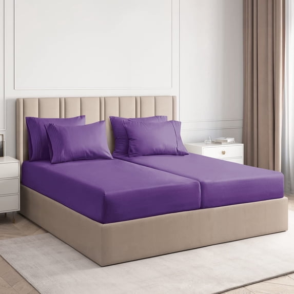 800 Thread Count 5 Piece Split King Sheets Sets Set ( 2- Twin XL Fitted Sheets 1-Flat sheet and 2-Pillow covers ) with 15" deep pocket for Adjustable Bed Color Purple Solid