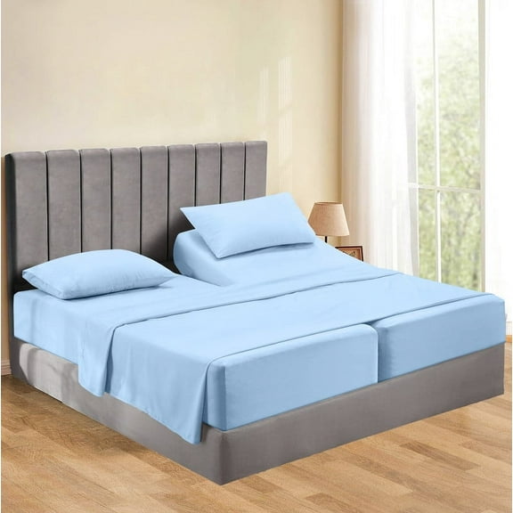 800 Thread Count 5 Piece Split King Sheets Sets Set ( 2- Twin XL Fitted Sheets 1-Flat sheet and 2-Pillow covers ) with 24" deep pocket for Adjustable Bed Color Light Blue Solid