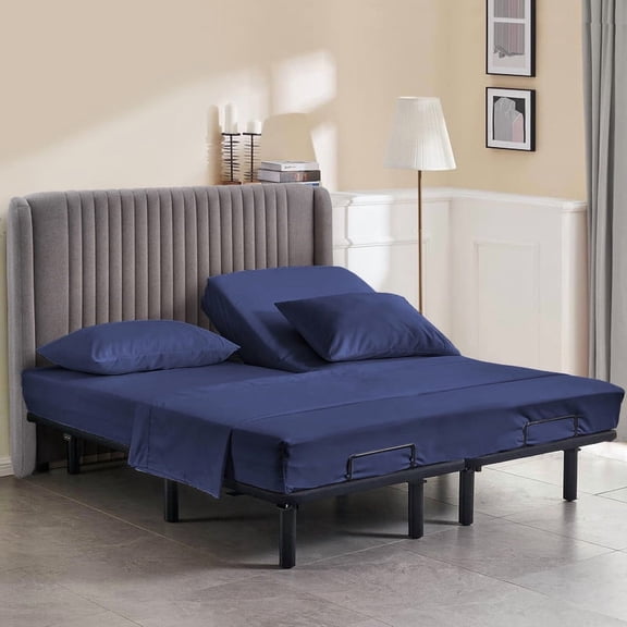 800 Thread Count California King Size 32" Split Top Flex Head Sheet Set – 100% Egyptian Cotton, 15" Deep Pockets, Adjustable Bed, 4-Piece Set Color Mediterran-Blue Solid
