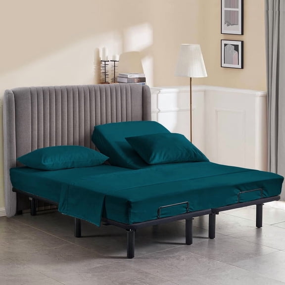 800 Thread Count California King Size 32" Split Top Flex Head Sheet Set – 100% Egyptian Cotton, 15" Deep Pockets, Adjustable Bed, 4-Piece Set Color Teal Solid