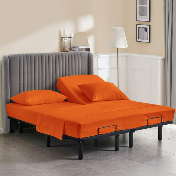 800 Thread Count California Queen Size 30" Split Top Flex Head Sheet Set – 100% Egyptian Cotton, 15" Deep Pockets, Adjustable Bed, 4-Piece Set Color Orange Solid