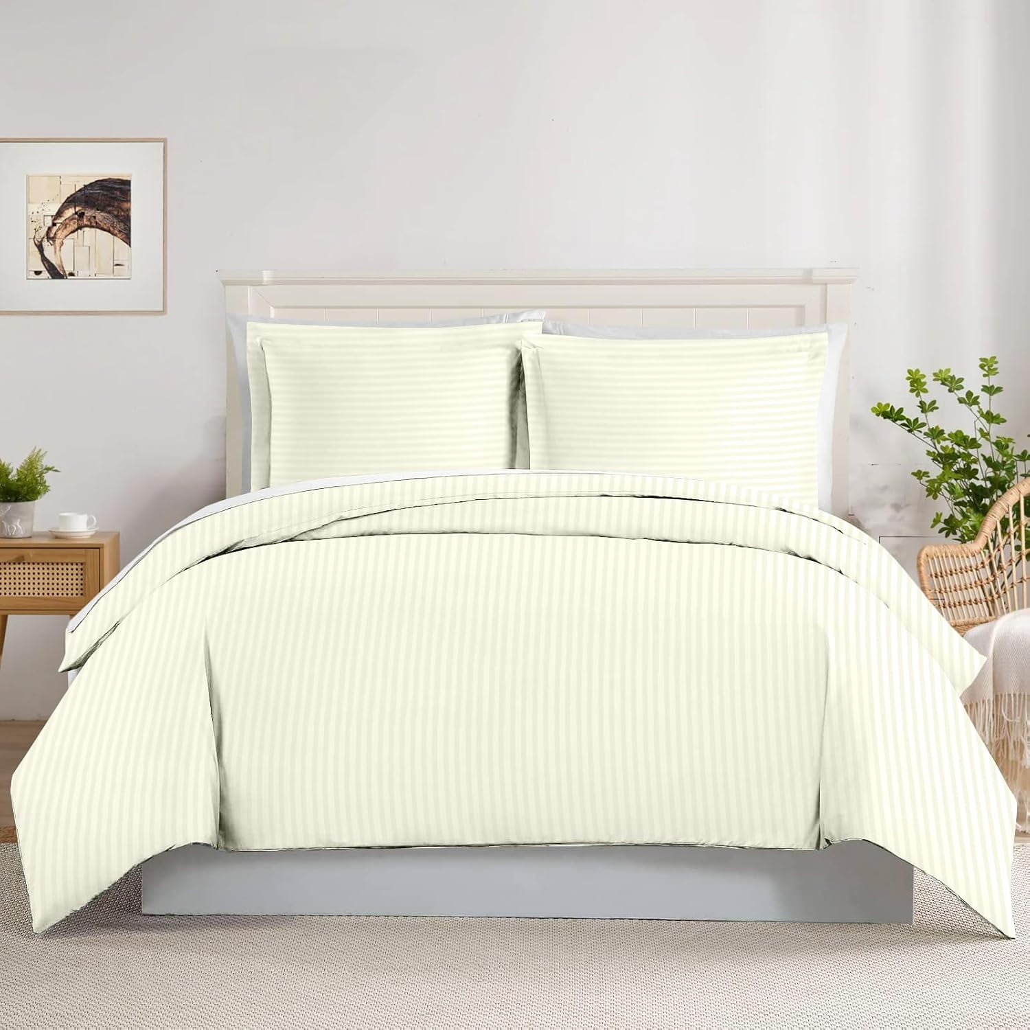 800 Thread Count Egyptian Cotton 3-Piece Duvet Cover Set with 3-Sided Zipper Closure & Corner Ties - OverSize King ( 98" x 120" ) Inches, Ivory Stripe