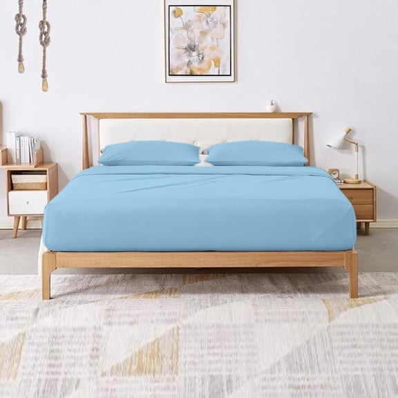 800 Thread Count Egyptian Cotton Solid Light Blue 20"(inch) Deep Pocket Short Queen(60" X 75") Sheet Set- 4 Pc Sheet with Pillowcases, Hotel Quality