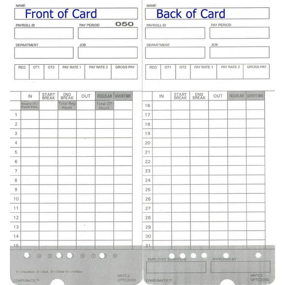 800 Time Cards for uPunch HN2000, HN2500, HN4000, HN4500 AutoAlign Calculating Time Clock and More HNTC2 UPTC2000