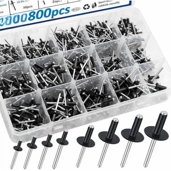 800 count Black Pop Rivets with Large Flange Rivets Assortment Kit 7 ...