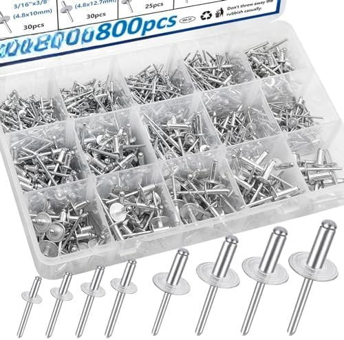 Smallest Pop Rivets 800 count Pop Rivets with Large Flange Rivets 7-Sizes Large (1/8