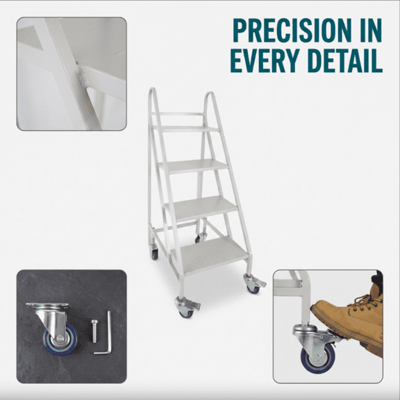 800 lbs Rolling Ladder, 4 Steps Ladder with Wheels Non-Slip Rolling Steps with Stair Edge Protector &Armrests, Industrial Warehouse Rolling Stairs, White