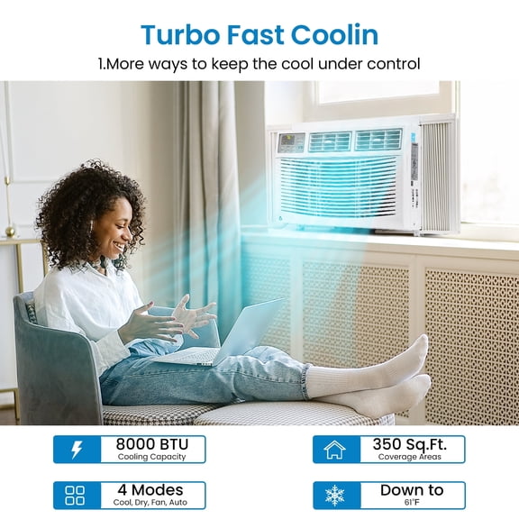 8000 BTU Window Air Conditioner – Cools Rooms up to 350 Sq. Ft – 3 Fan Speeds – Cooling & Dehumidifier – Quiet Operation – Auto-Restart – Sleep Mode – 24H Timer – Optional WiFi & Remote Contro