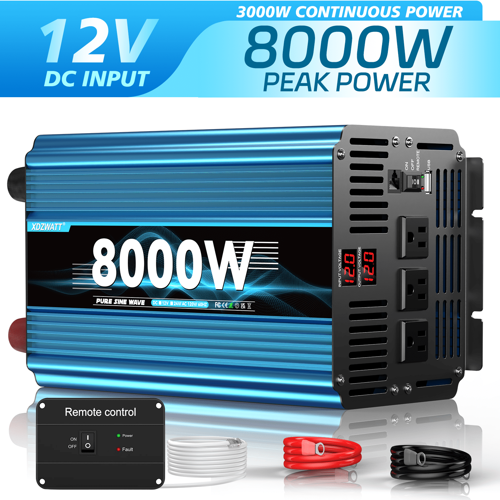 XDZWATT 12V 3000W Continuous 8000W Surge Power Inverter LCD Display for Car