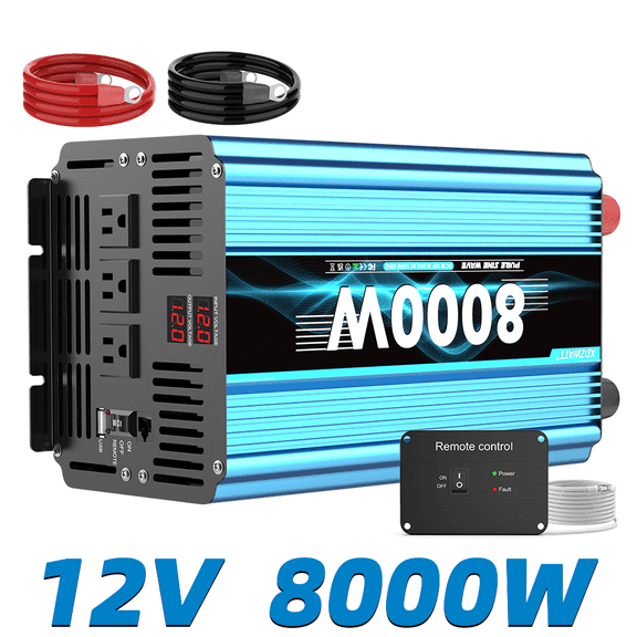 8000 Watt Pure Sine Wave Power Inverter 12V DC to 110V 120V Converter for Family RV Off Grid Solar System Car with Type-C Ports 3 AC Power Outlets USB Ports LCD Display and Remote Control,blue