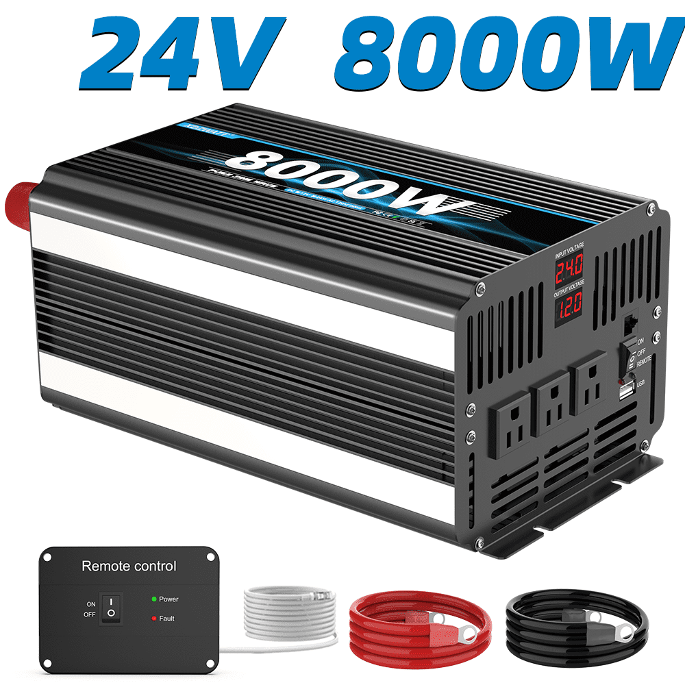 8000 Watt Pure Sine Wave Power Inverter 24V DC to 110V 120V Converter for Family RV Off Grid Solar System Car with Type-C Ports 3 AC Power Outlets USB Ports LCD Display and Remote Control,Black