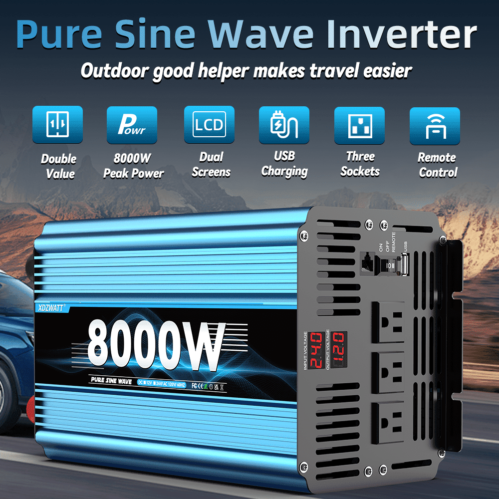 8000 Watt Pure Sine Wave Power Inverter 24V DC to 110V 120V Converter for Family RV Off Grid Solar System Car with Type-C Ports 3 AC Power Outlets USB Ports LCD Display and Remote Control,blue