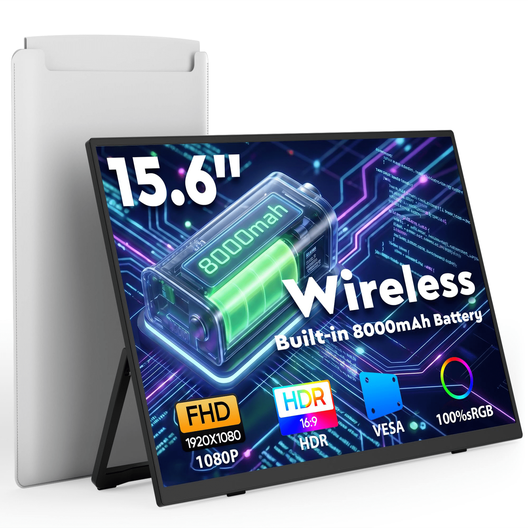 8000 mAh Wireless Portable Monitor, 15.6" 1080P IPS Laptop Screen, Second Computer Gaming Display with Speakers, Travel Monitor for Windows/Mac/Android/iOS/Gaming Console