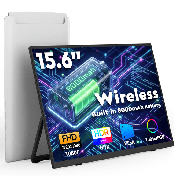8000 mAh Wireless Portable Monitor, 15.6" 1080P IPS Laptop Screen, Second Computer Gaming Display with Speakers, Travel Monitor for Windows/Mac/Android/iOS/Gaming Console
