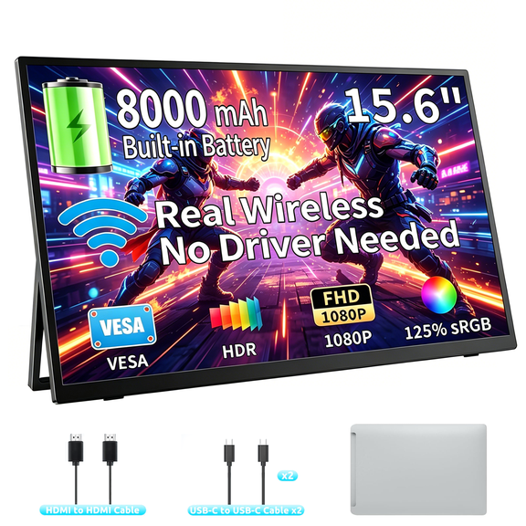 KEEPTIME 8000 mAh Wireless Portable Monitor, 15.6" 1080P IPS Laptop Screen, Second Computer Gaming Display with Speakers, Travel Monitor for Windows/Mac/Android/iOS/Gaming Console