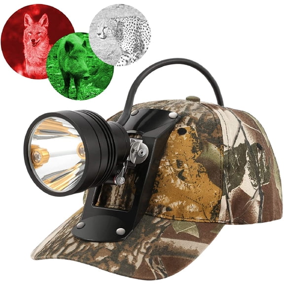 80000 LUX LED Coyote Hog Coon Hunting Light, Rechargeable Predator Hunting, 3 LED Cap Light, 5 Position Switch, Multiple Colors (White Red Green) + Soft Cap